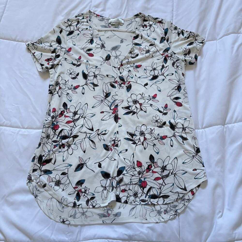 Anatomie White Floral Short Sleeve Tee with Black & Red Accents